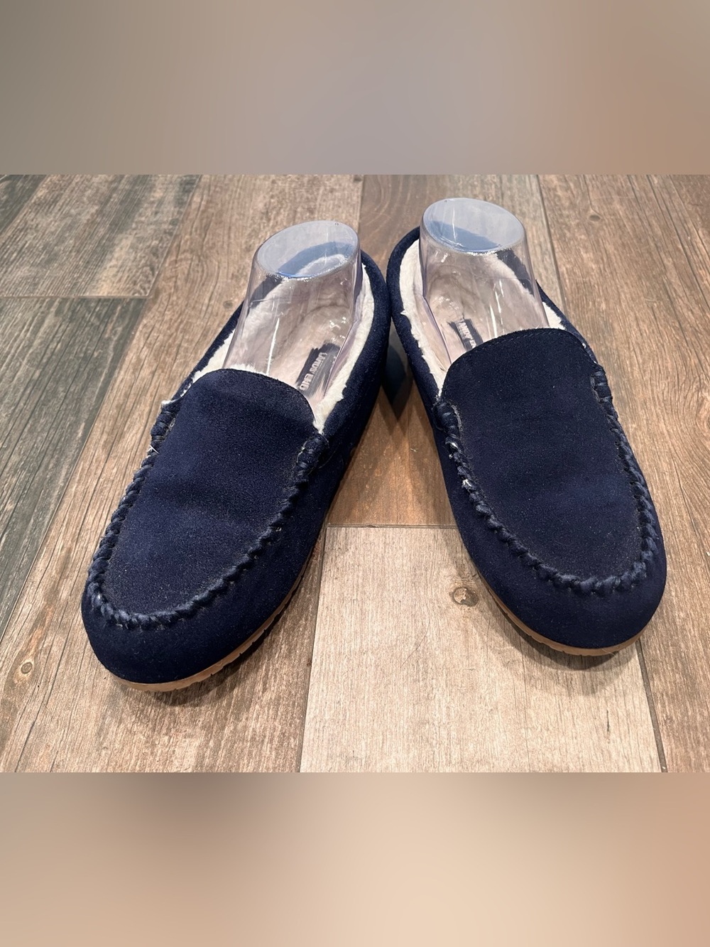 Land's End Fuzzy Lined Suede Moccasin Slippers Radiant Navy Sz 9 Women